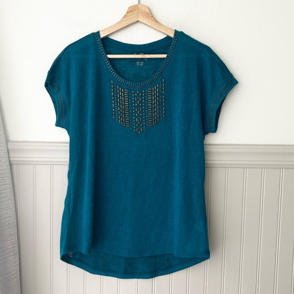 Coral Bay Teal Blouse with Embellished Neckline women’s large
